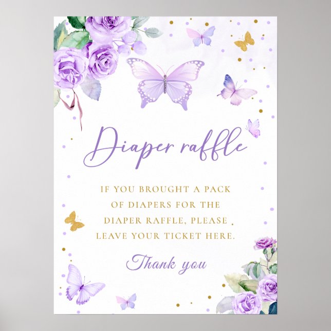 Lila Guld Blommigt Butterfly Diaper Raffle Sign Poster (Framsidan)