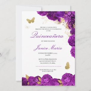 Lila Guld Blommigt Butterfly Elegant Quinceañera Inbjudningar
