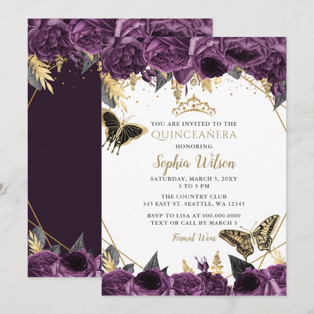 Lila Guld Blommigt Butterfly Quinceañera Inbjudningar (Fram/baksida)
