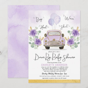 Lila Guld Blommigt Drive by Baby Shower Parad Inbjudningar