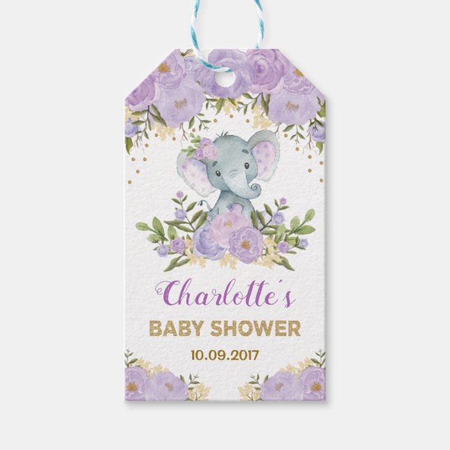Lila Guld Blommigt Elephant Baby Shower Favoriter Presentetikett (Framsidan)