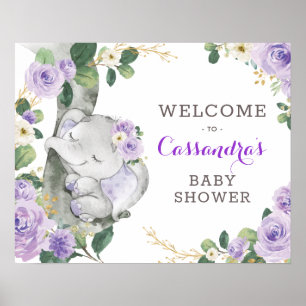 Lila Guld Blommigt Elephant Greenery Välkomstskylt Poster