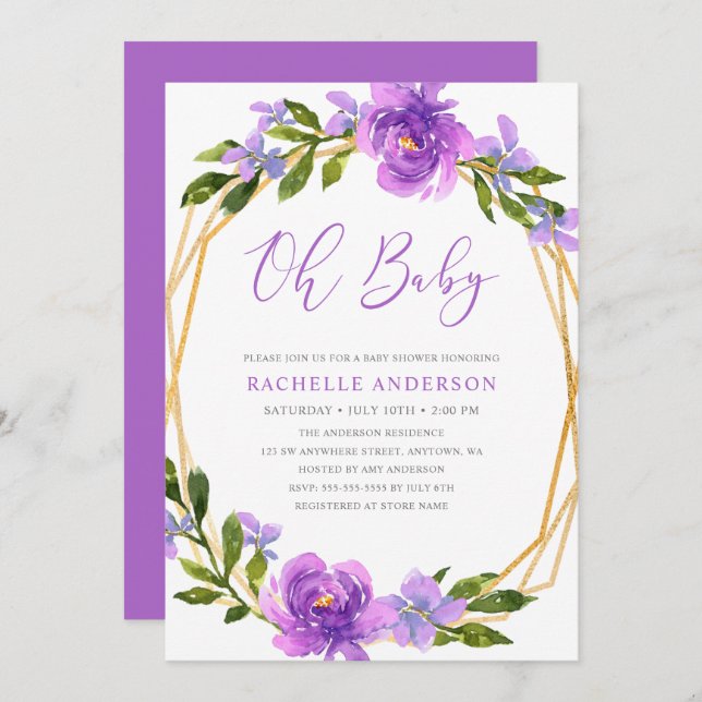 Lila Guld Blommigt Geometric Girl Baby Shower Inbjudningar (Fram/baksida)