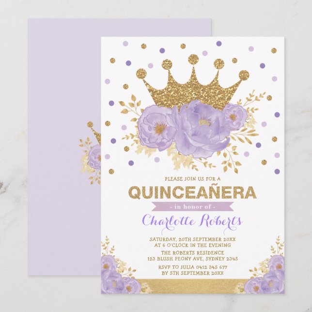 Lila Guld Blommigt Krona Konfetti Quinceañera Inbjudningar (Fram/baksida)