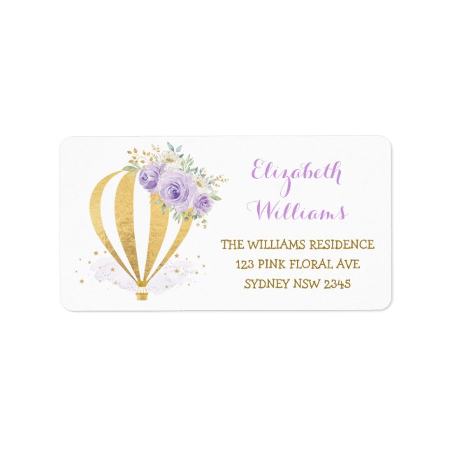 Lila Guld Blommigt Luftballong Returadress Adressetikett (Framsidan)