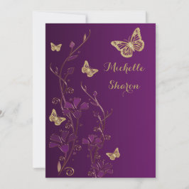 Lila Guld Blommigt med Butterflies Bat mitzvah Inbjudningar