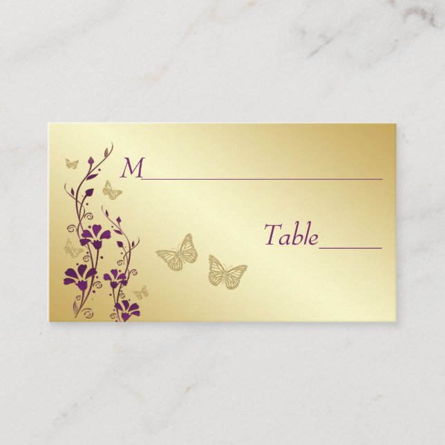 Lila, Guld Blommigt med Butterflies Place Cards Placeringskort (Framsida)