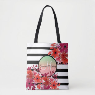 Lila Guld Blommigt Monogram Black White Rand Tygkasse