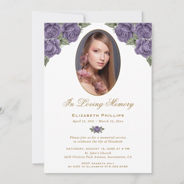 Lila Guld Blommigt Photo Memorial Service Inbjudningar (Framsida)