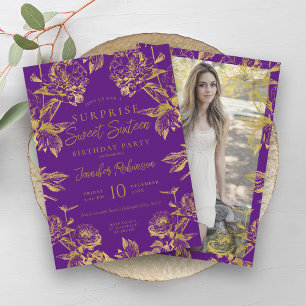 Lila Guld Blommigt Photo SURPRISE Sweet 16 Inbjudningar