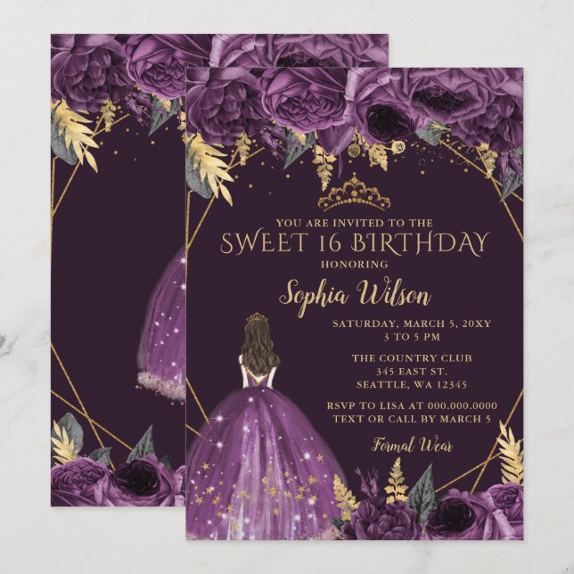Lila Guld Blommigt Princess Sweet 16 Inbjudningar (Fram/baksida)