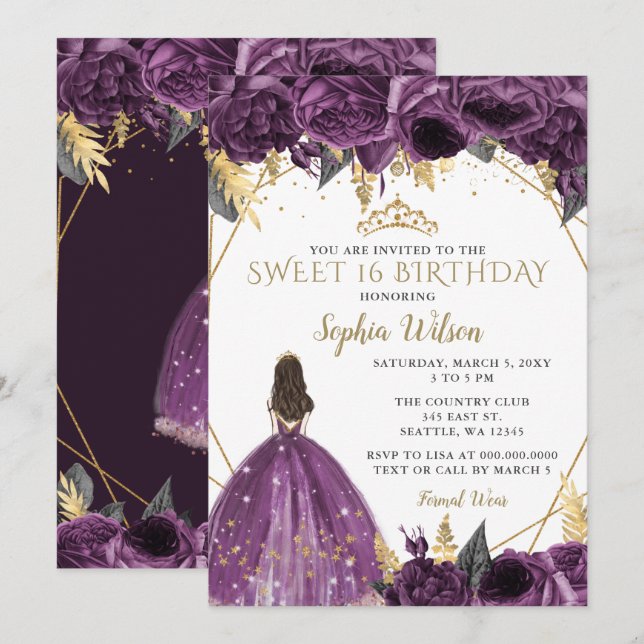 Lila Guld Blommigt Princess Sweet 16 Inbjudningar (Fram/baksida)