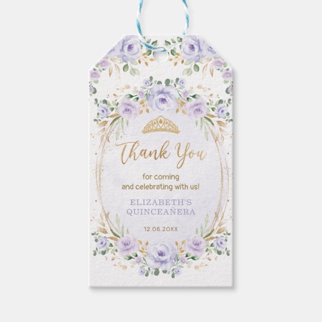 Lila Guld Blommigt Quinceañera Birthday Favors Presentetikett (Framsidan)