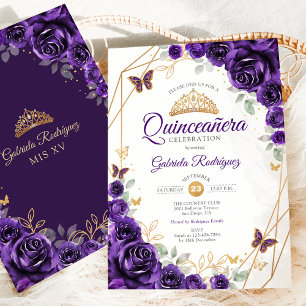 Lila Guld Blommigt Quinceanera Inbjudningar