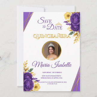 Lila & Guld Blommigt Quinceañera Spara datum Inbjudningar