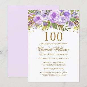 Lila Guld Blommigt Ro 100:e födelsedag Inbjudningar