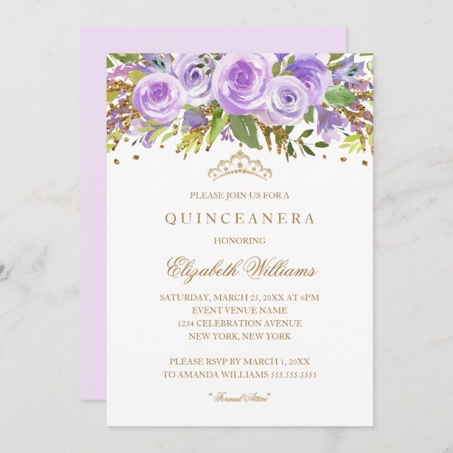 Lila Guld Blommigt Ro Quinceanera-inbjudan Inbjudningar (Fram/baksida)