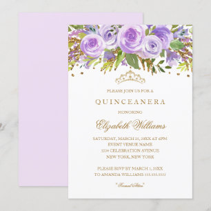 Lila Guld Blommigt Ro Quinceanera-inbjudan Inbjudningar