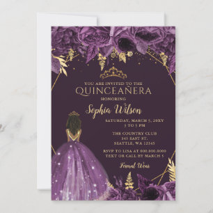 Lila Guld Blommigt Tan Princess Quinceañera Inbjudningar