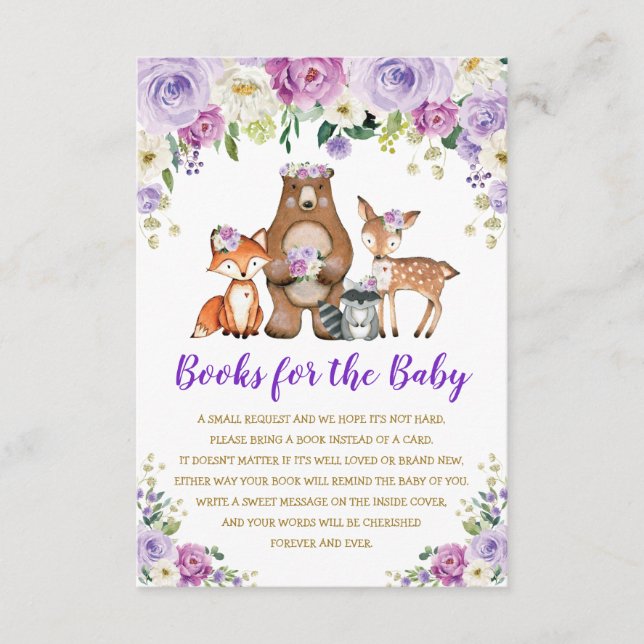 Lila Guld Blommigt Woodland Animals Bokar för Baby Tilläggskort (Framsida)