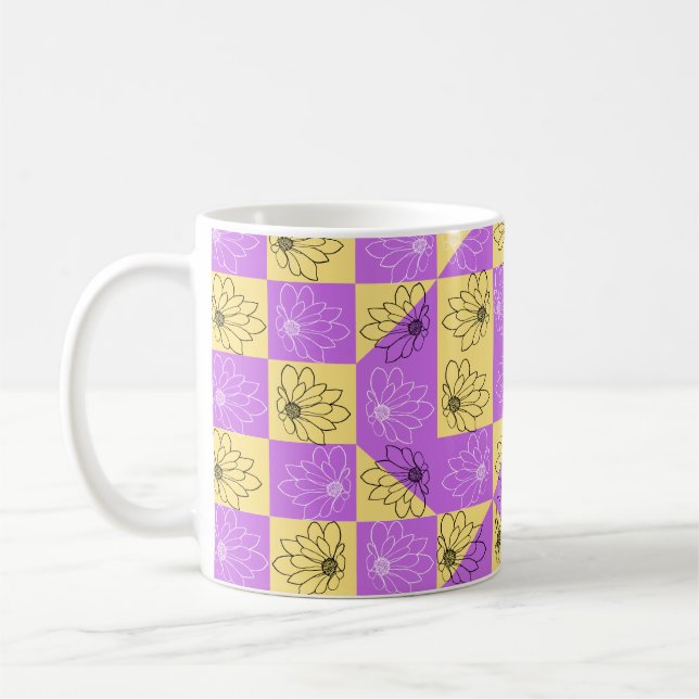 Lila guld Blommor, sömlös schackbräda mönster Kaffemugg (Vänster)