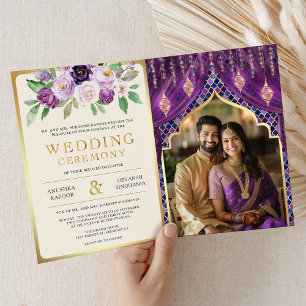 Lila guld blomstergardin indisk hinduisk vigsel inbjudan