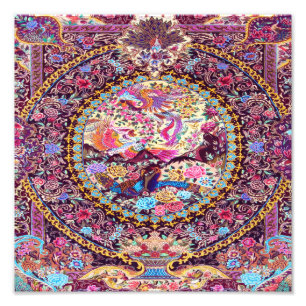 Lila Guld Blue Persian Blommigt Flowers Peacock Fototryck