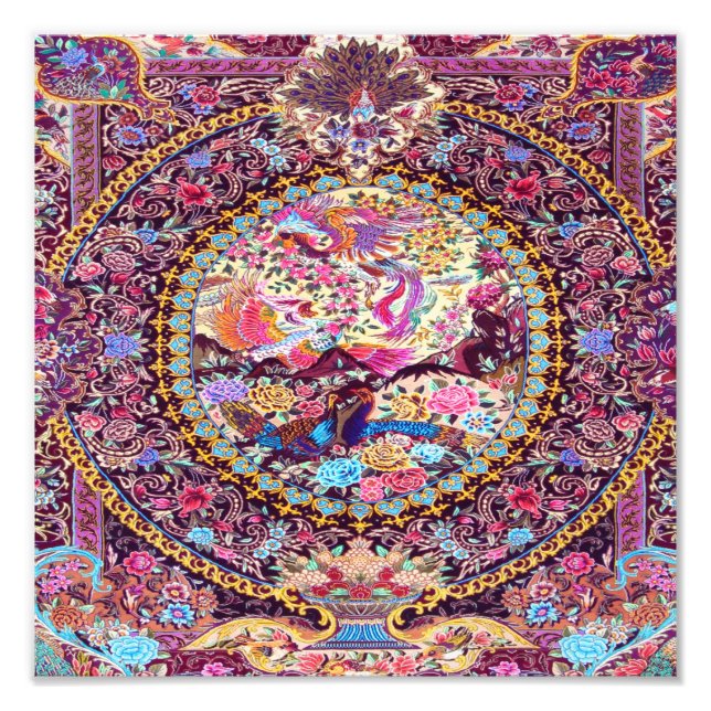 Lila Guld Blue Persian Blommigt Flowers Peacock Fototryck (Framsidan)