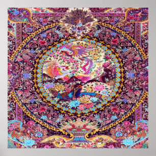 Lila Guld Blue Persian Blommigt Flowers Peacock Poster