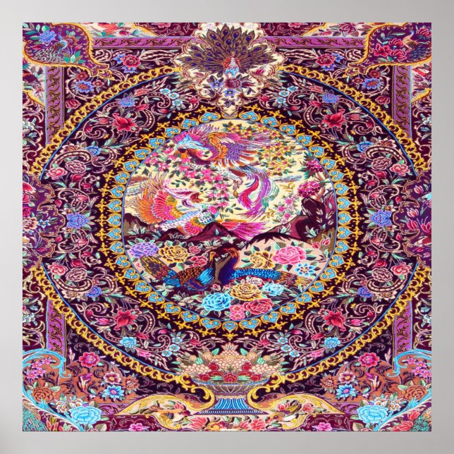 Lila Guld Blue Persian Blommigt Flowers Peacock Poster (Framsidan)