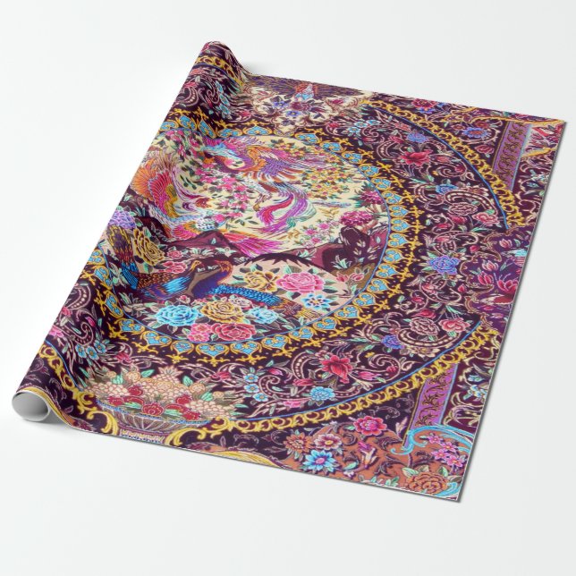 Lila Guld Blue Persian Blommigt Peacock Decoupage Presentpapper (Utrullad)