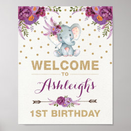 Lila Guld Boho Elephant Birthday Välkomstskylt Poster