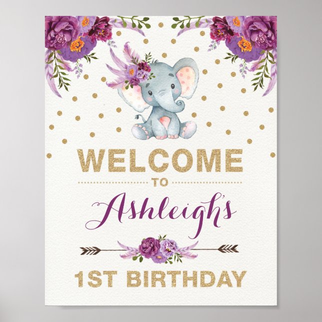 Lila Guld Boho Elephant Birthday Välkomstskylt Poster (Framsidan)