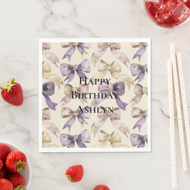 Lila Guld Bows Birthday Pappersservett (Insitu)