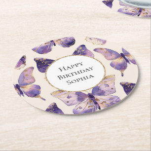 Lila Guld Butterflies Birthday Underlägg Papper Rund