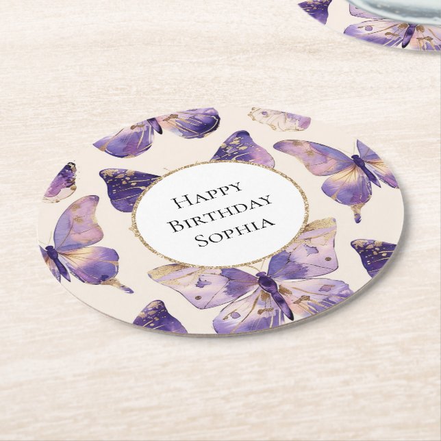 Lila Guld Butterflies Birthday Underlägg Papper Rund (Vinklad)