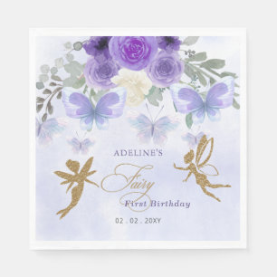 Lila Guld Butterflies Fairy First Birday Pappersservett