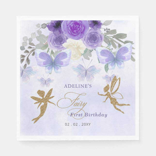 Lila Guld Butterflies Fairy First Birday Pappersservett (Framsidan)