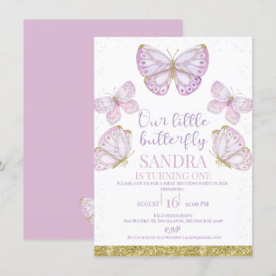 Lila Guld Butterflies Girls 1:a födelsedagsinbjuda Inbjudningar