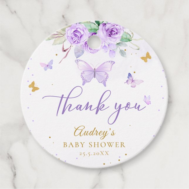 Lila Guld Butterfly Blommigt Baby Shower Gåvor Etiketter (Framsida)