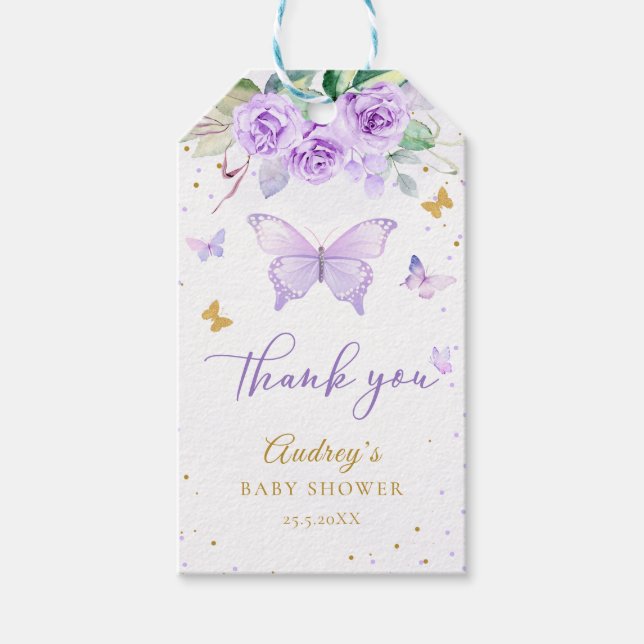 Lila Guld Butterfly Blommigt Baby Shower Presentetikett (Framsidan)