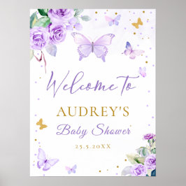 Lila Guld Butterfly Blommigt Baby Shower Välkommen Poster