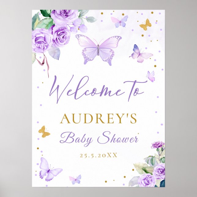 Lila Guld Butterfly Blommigt Baby Shower Välkommen Poster (Framsidan)