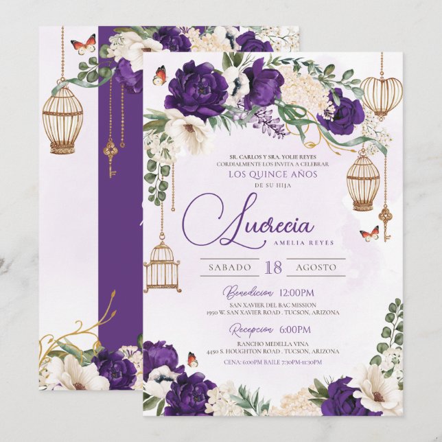 Lila Guld Butterfly Blommigt Elegant Quinceañera Inbjudningar (Fram/baksida)