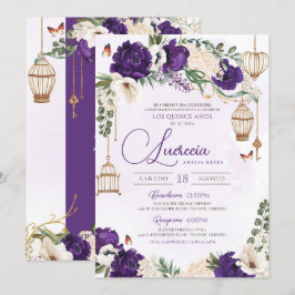 Lila Guld Butterfly Blommigt Elegant Quinceañera Inbjudningar