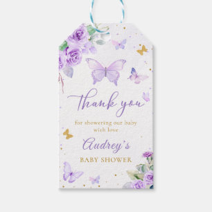 Lila Guld Butterfly Blommigt Girl Baby Shower Presentetikett