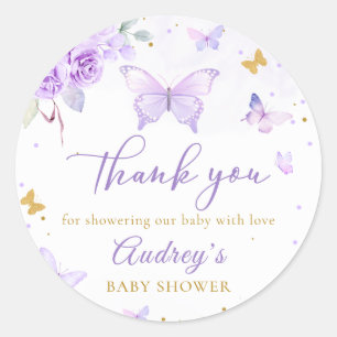 Lila Guld Butterfly Blommigt Girl Baby Shower Runt Klistermärke