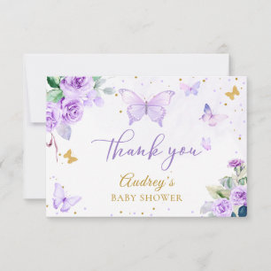 Lila Guld Butterfly Blommigt Girl Baby Shower Tack Kort