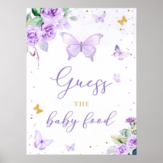 Lila Guld Butterfly Blommigt gissar att Baby mat Poster (Framsidan)