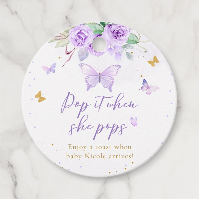 Lila Guld Butterfly Blommigt poppade det när hon k Gåvor Etiketter (Framsida)